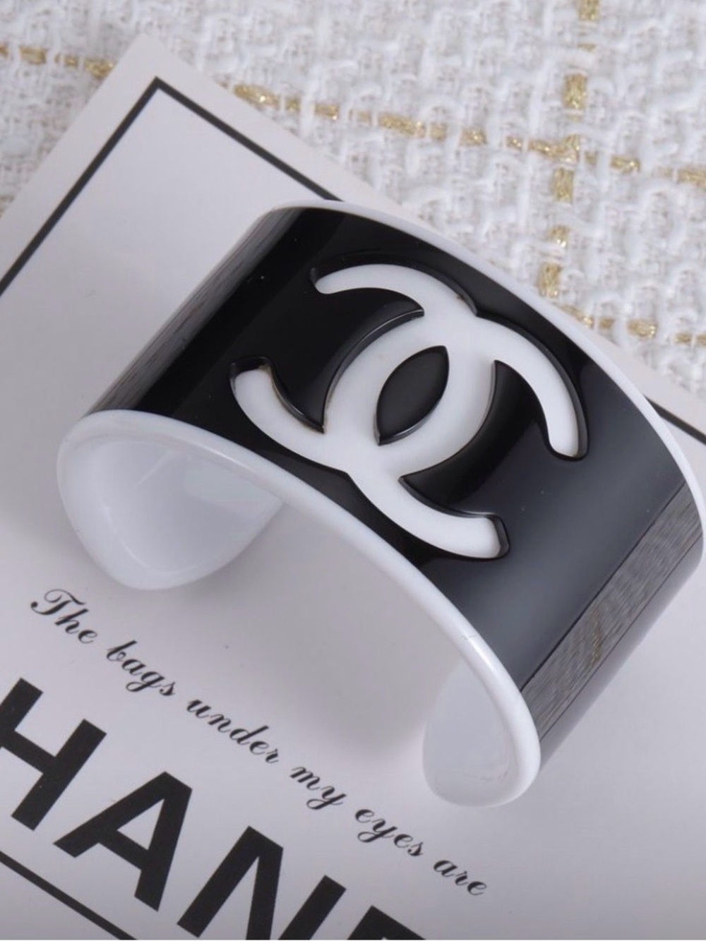 Chanel Black and White Resin Logo Cuff Bracelet